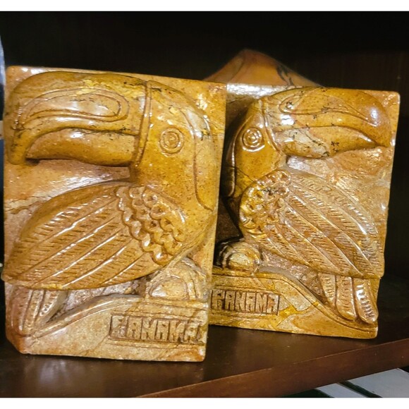 Hand Carved & Polished Marble Toucan Tropical Bird Bookends from Panama MCM 70s